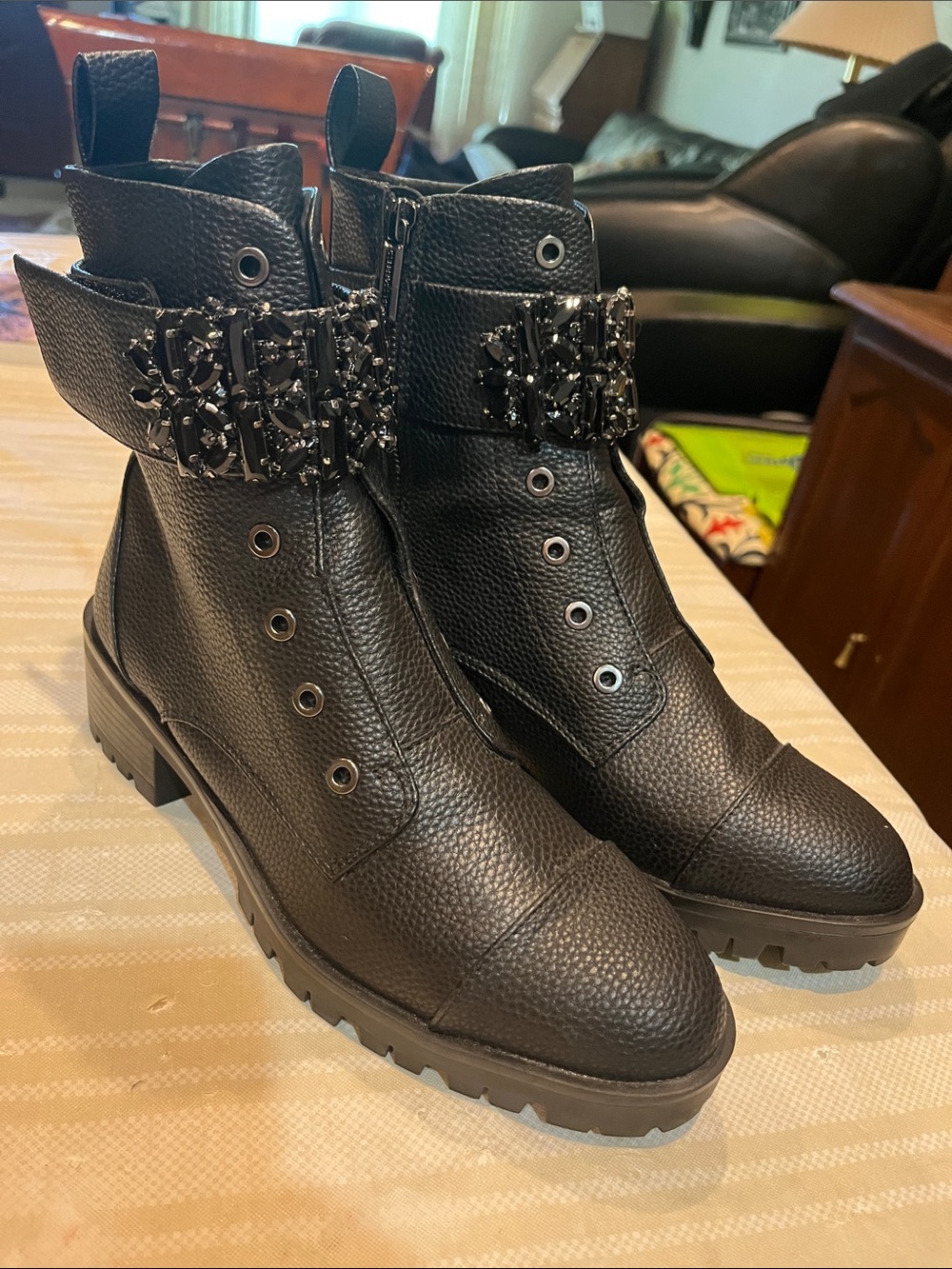 Karl Lagerfeld Pippa Jeweled Strap Black Leather Lug Boot size 8.5 women’s